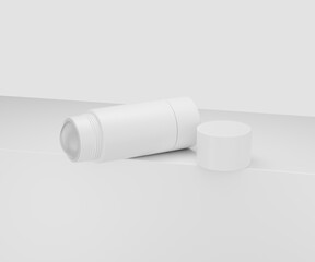 Blank white deodorant stick with open cap for product mockup. 3d illustration