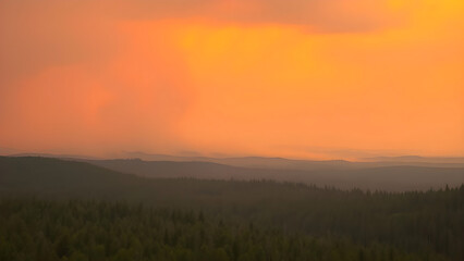 sunrise over the mountains,A vast forest burning under an intense orange sky, thick smoke rising, firefighters in the distance battling the wildfire.