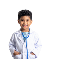 A smiling boy in a doctor's coat with a stethoscope, exuding confidence and joy.