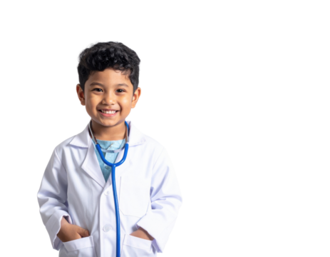 A smiling boy in a doctor's coat with a stethoscope, exuding confidence and joy.