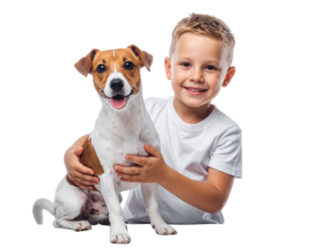 A smiling boy in a white shirt poses joyfully with a playful dog, showcasing a bond between them. - Powered by Adobe