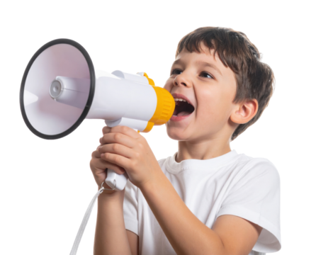A young boy enthusiastically using a megaphone, expressing excitement or making an announcement.