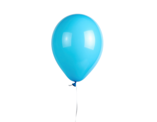 A bright blue balloon with a glossy surface and a tied string hangs in the air, exuding a cheerful and festive vibe.