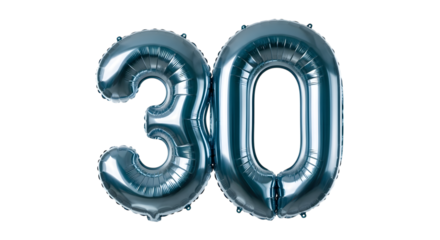 Shiny blue number 30 balloon isolated on transparent background for a thirtieth birthday celebration