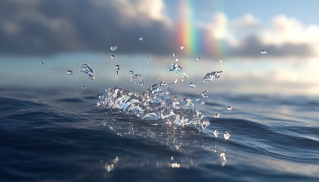 Fine jewelry captured mid-drift in calm ocean water with rainbow light bursts