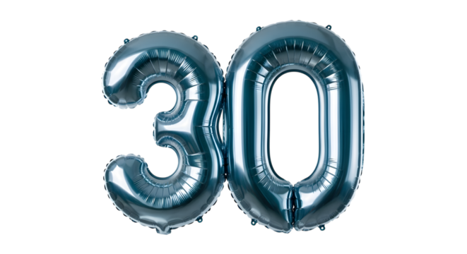 Shiny blue number 30 balloon isolated on transparent background for a thirtieth birthday celebration - Powered by Adobe