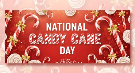 National candy cane day celebration with festive candy canes, swirls, and glitter on a red background, perfect for holiday and sweet treat themes