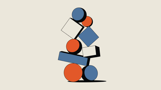 A stack of geometric shapes including circles squares and rectangles in blue orange and white color palette