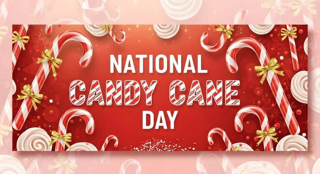 National candy cane day celebration with festive candy canes, swirls, and glitter on a red background, perfect for holiday and sweet treat themes