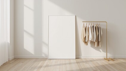 Modern minimalist interior with blank frame and clothing rack bathed in soft sunlight elegance