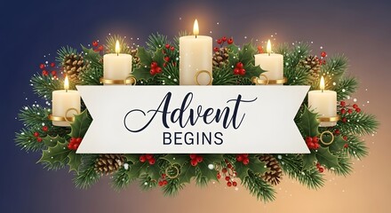Advent begins banner with lit candles, pine branches, pinecones, and red berries, symbolizing the start of the advent season