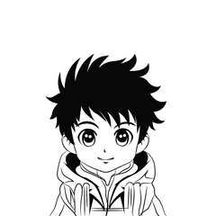 Cute anime boy character with hoodie — black and white manga style portrait