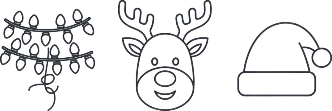 Collection of three simple line art icons for christmas string lights, reindeer face, and santa hat