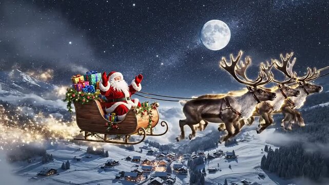 Santa Claus soaring through starry night sky with reindeer sleigh delivering gifts, a magical Christmas holiday scene over a snowy village