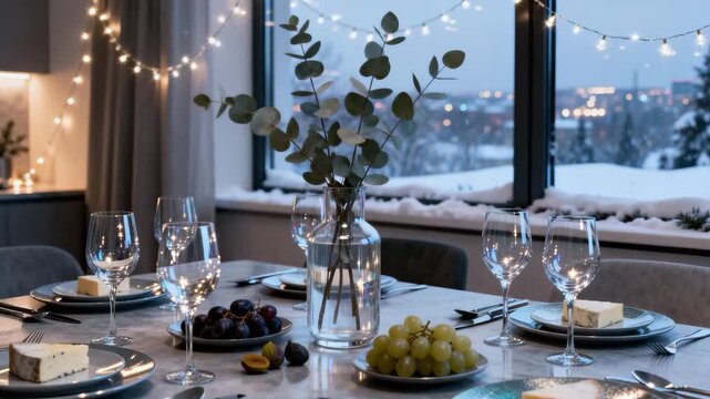 Winter dining table set with fruits and flowers by window at dusk  