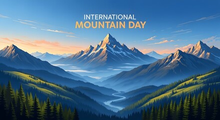 Majestic snowcapped mountains bathed in golden sunlight under a clear blue sky, celebrating international mountain day with a sense of awe and wonder