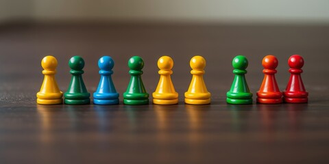 Colorful Pawns: A close-up shot of a diverse collection of vibrant pawns, neatly arranged on a smooth, inviting surface, each one a unique hue in a harmonious array.