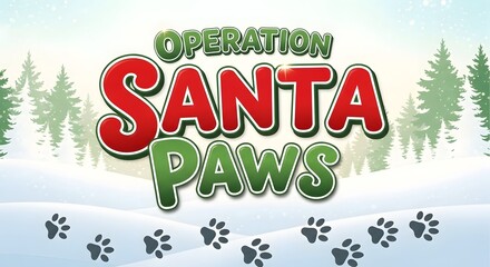 Festive operation santa paws title graphic with playful, bold lettering set against a snowy winter forest background with paw prints