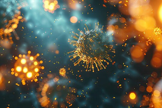 Microscopic close-up of colorful viruses and bacteria moving under the lens