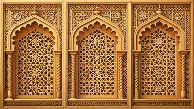 Intricate Carved Wooden Panels with Islamic Geometric Arches and Jali Work