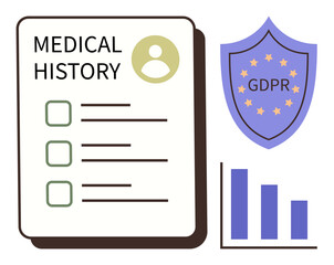Medical history document with checkboxes, GDPR compliance shield icon, and statistical bar chart. Ideal for privacy regulation, healthcare, data management, patient record, compliance, safety simple