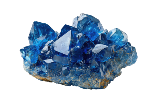 Blue crystals cluster on rough stone; faceted gem appearance