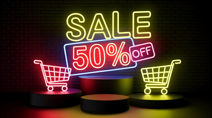 3D promotional render showcasing 50% off sale on a podium for product