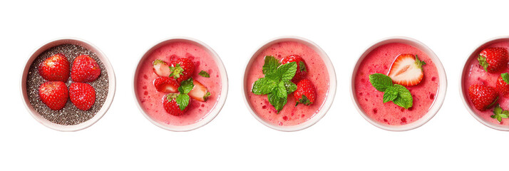 Five bowls strawberry desserts, chia seeds, mint garnish