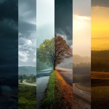 Tree split into different seasons day time