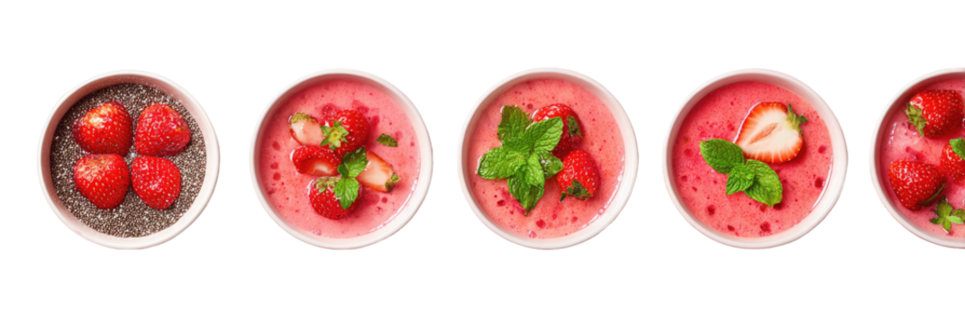 Five bowls strawberry desserts, chia seeds, mint garnish