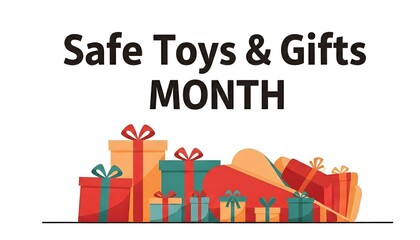 Safe toys gifts month text with a pile of colorful wrapped gift boxes on a white background