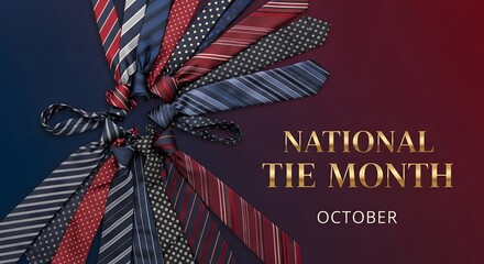 A collection of stylish mens ties in various patterns and colors, artfully arranged and tied together, promoting national tie month in october