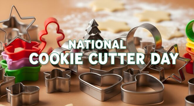 Assortment of metal and plastic cookie cutters in various shapes like stars, hearts, and trees for national cookie cutter day