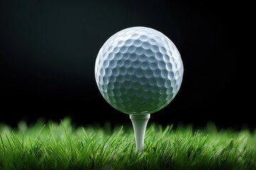 Golf ball poised on tee against moody black backdrop, ready for a powerful swing and symbolizing precision, focus, and the thrill of the game