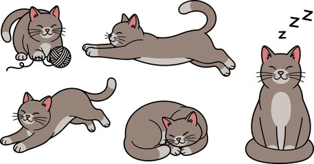 Adorable cartoon cats in various poses playful and relaxed cute feline friends.
