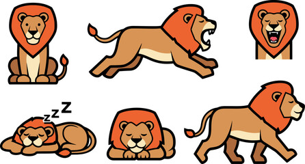 Cartoon Lions in Various Poses: Roaring Sleeping Walking and Sitting.
