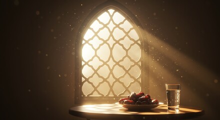Golden light illuminates dates and water by a window, perfect for Ramadan celebrations and cultural events in a serene, peaceful setting