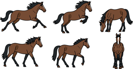 Collection of Brown Horses in Various Poses on White Background.