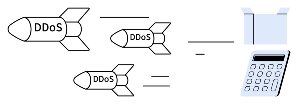 Three labeled missiles with DDoS head toward a firewall and calculator, signifying distributed denial-of-service attacks. Ideal for cybersecurity, data theft, online safety, IT threats, risk
