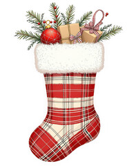 Red plaid christmas stocking stuffed with gifts, a red bauble, and pine sprigs, trimmed with white fur, isolated on transparent background