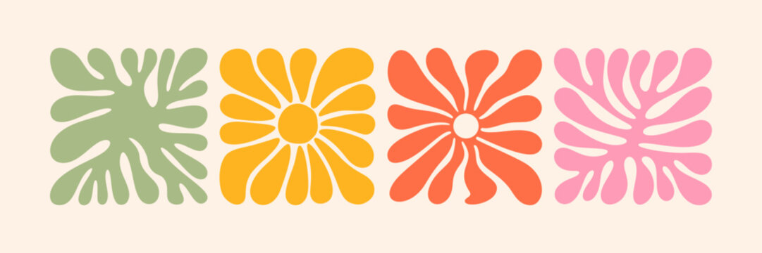 Groovy abstract flower art set featuring organic doodle shapes in a trendy naive retro hippie 60s and 70s style. Floral botanic vector illustration in pink, yellow, and orange colors.