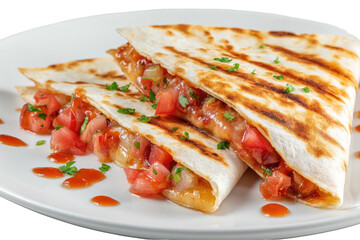 Sliced quesadillas with tomato & sauce on a white plate