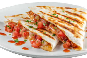 Sliced quesadillas with tomato & sauce on a white plate