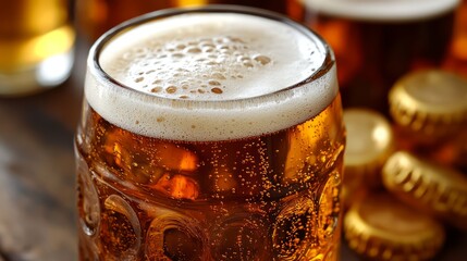 Golden Lager: A close-up shot of a frosty glass of golden lager, the foamy head, showcasing the effervescent delight of this popular beverage.