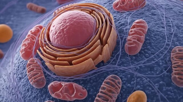 Detailed 3D rendering of an animal cell showing nucleus, endoplasmic reticulum, and multiple mitochondria within the cytoplasm.