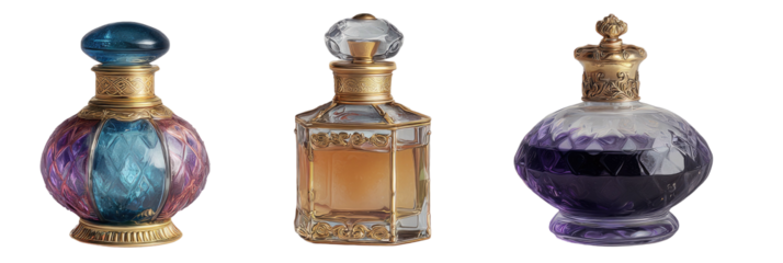Three ornate, antique perfume bottles, colorful and detailed