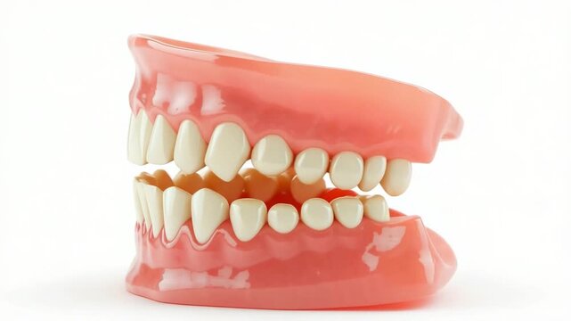 Full upper and lower denture model slowly rotating, isolated on a clean white background
