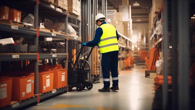 Warehouse employee in safety gear moving cargo with an electric tugger cart along an aisle with racks