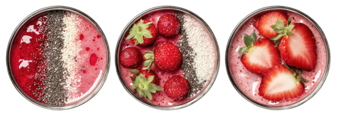 Three bowls of pink strawberry smoothie with toppings