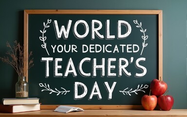 World Teacher's Day: The warm inscription on a chalkboard, along with symbolic elements, creates a sense of occasion, paying homage to dedicated teachers and their profound impact. High quality